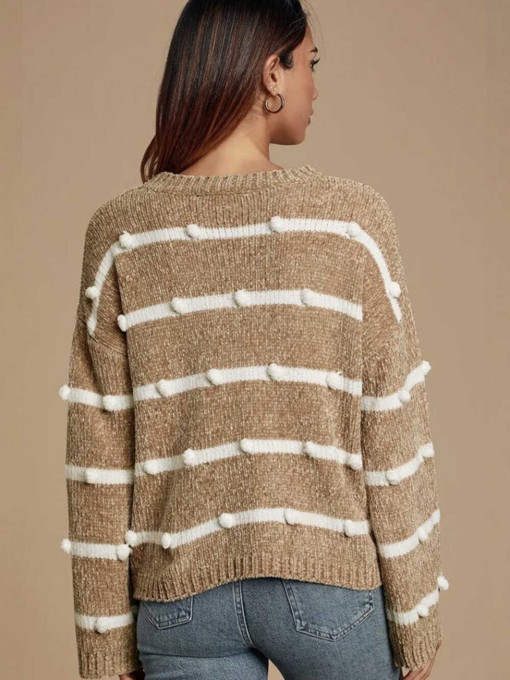 Lulus Cozy Times White and Beige Striped Chenille Knit Pom-Pom Sweater NWT - Picture 3 of 8